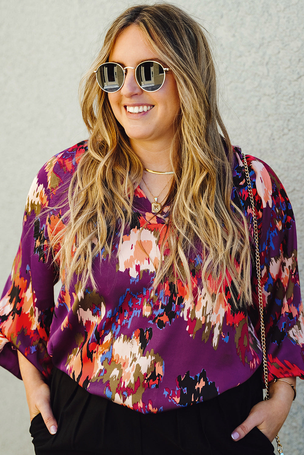 Purple Plus Size Abstract Print V-Neck Long Sleeve Blouse Plus Size JT's Designer Fashion