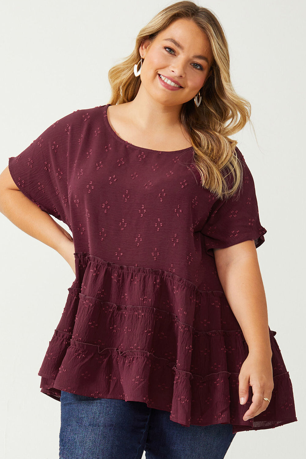 Red Plus Size Floral Embroidered Ruffled Short Sleeve Top Plus Size Tops JT's Designer Fashion