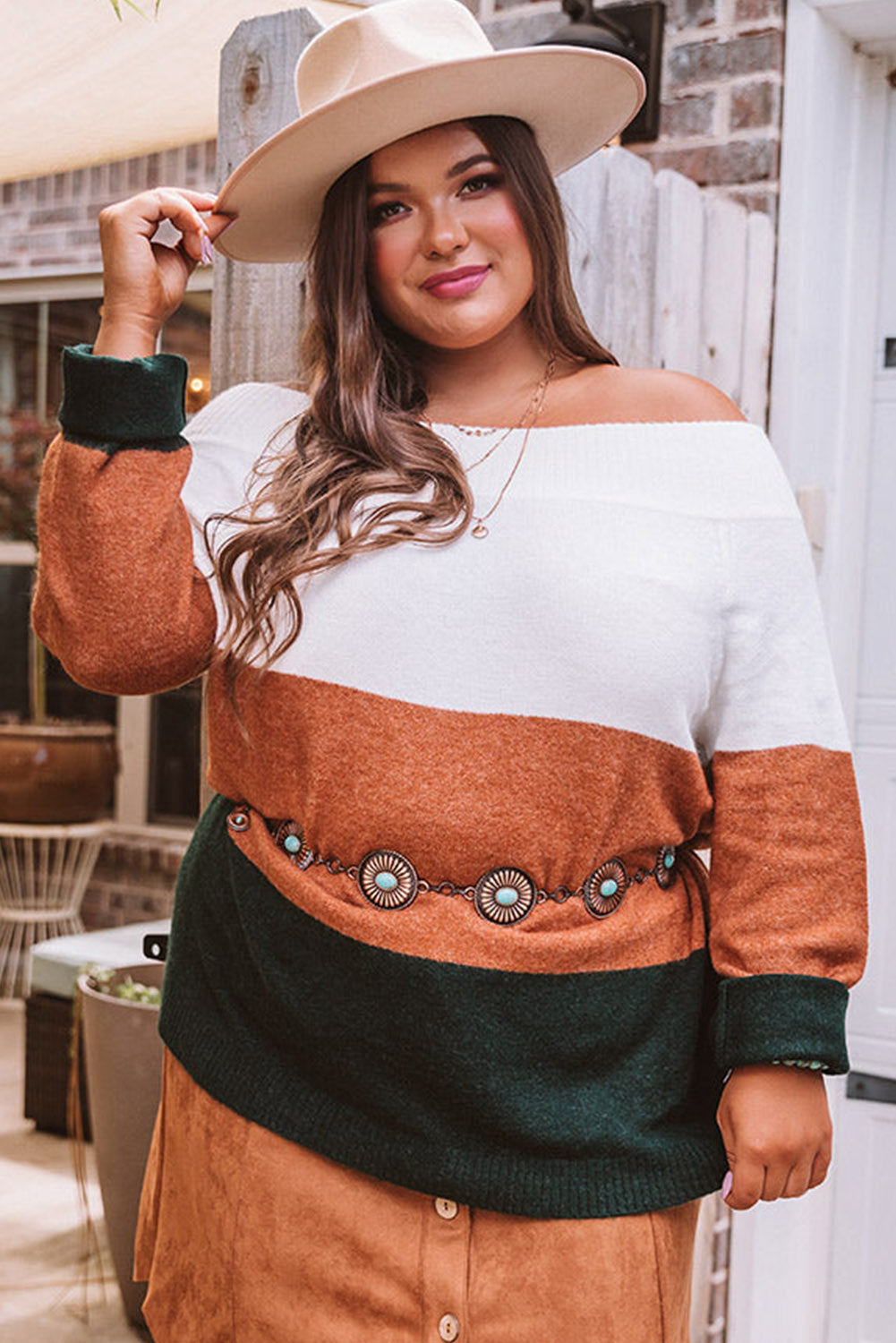 Brown Plus Size Ribbed Trim Color Block Tiered Sweater Plus Size JT's Designer Fashion