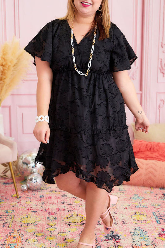 Black Floral Jacquard Flutter Sleeve Plus Size Mini Dress Black 100%Polyester Plus Size Dresses JT's Designer Fashion