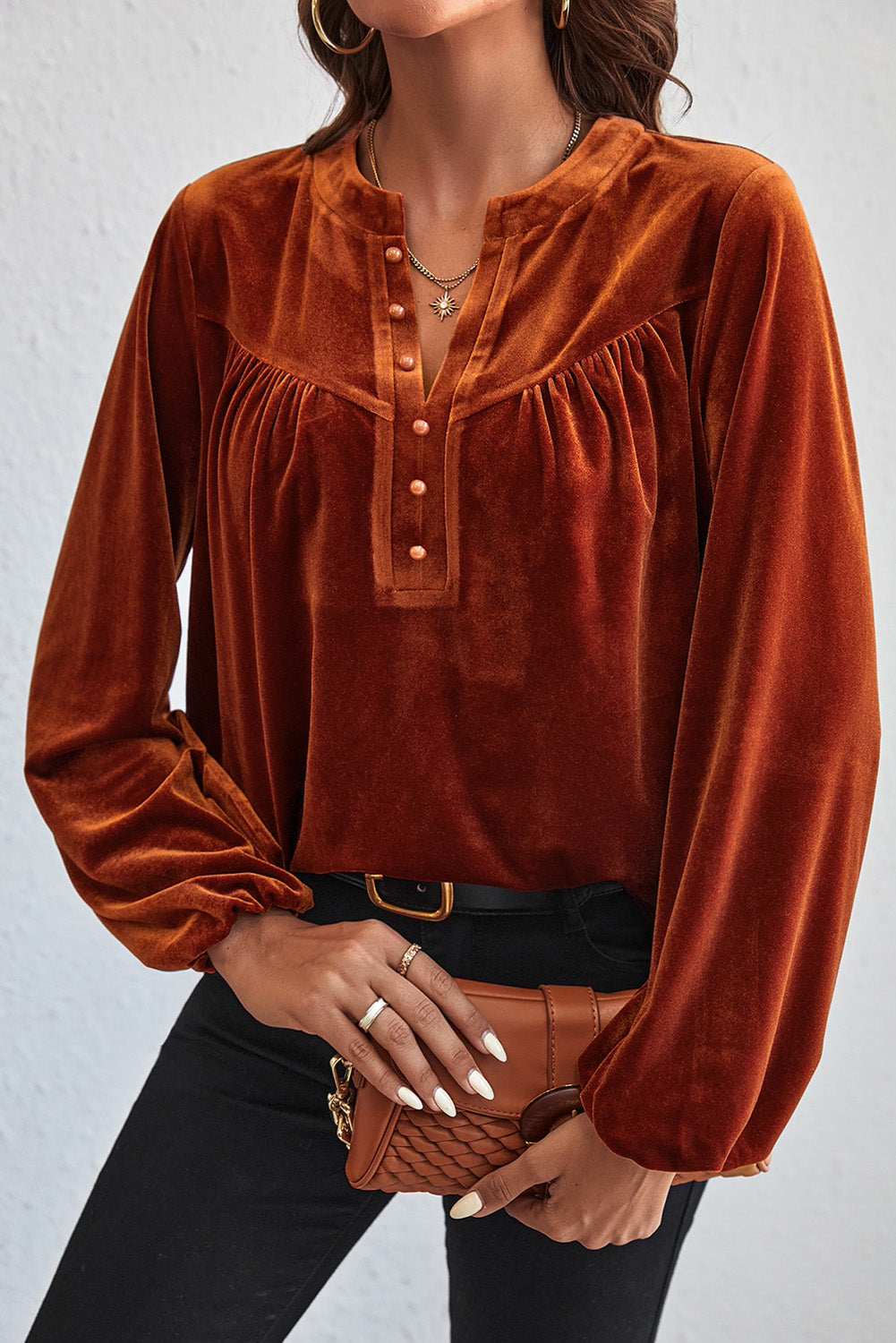 Gold Flame Velvet Lantern Sleeve Beaded Split V Neck Top Tops & Tees JT's Designer Fashion