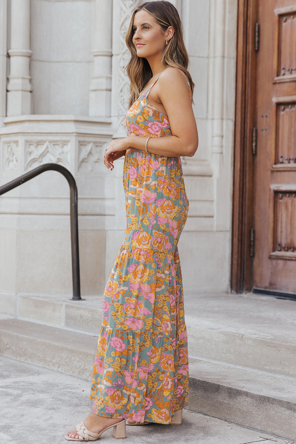 Sky Blue Adjustable Straps Floral Tiered Wide Leg Jumpsuit Jumpsuits & Rompers JT's Designer Fashion