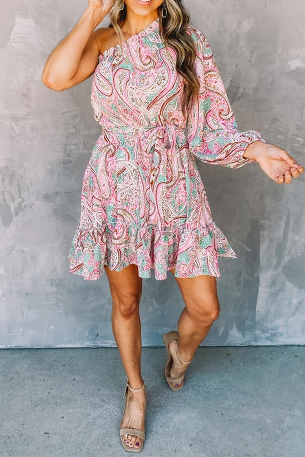 Pink Paisley Print One Shoulder Lace-up High Waist Mini Dress Mini Dresses JT's Designer Fashion