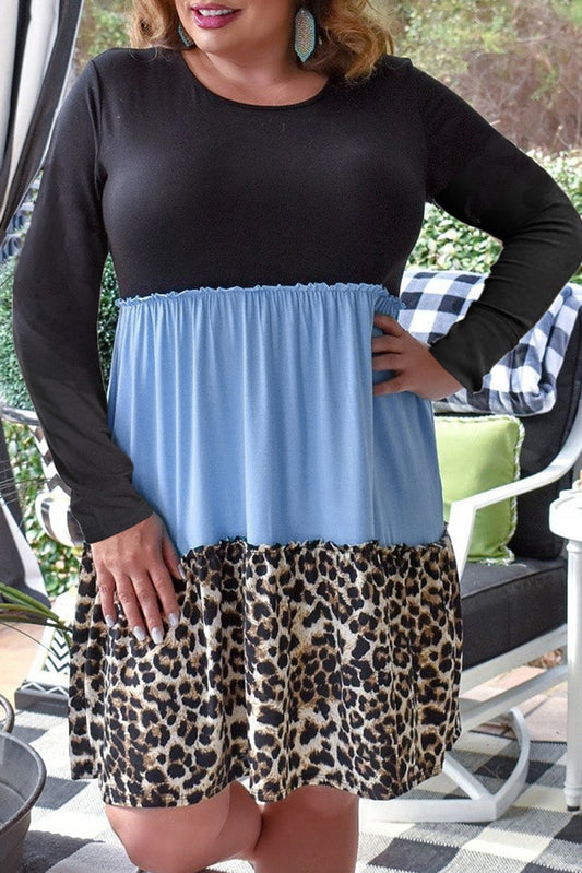 Sky Blue Colorblock Leopard Patchwork T Shirt Plus Size Dress Plus Size JT's Designer Fashion