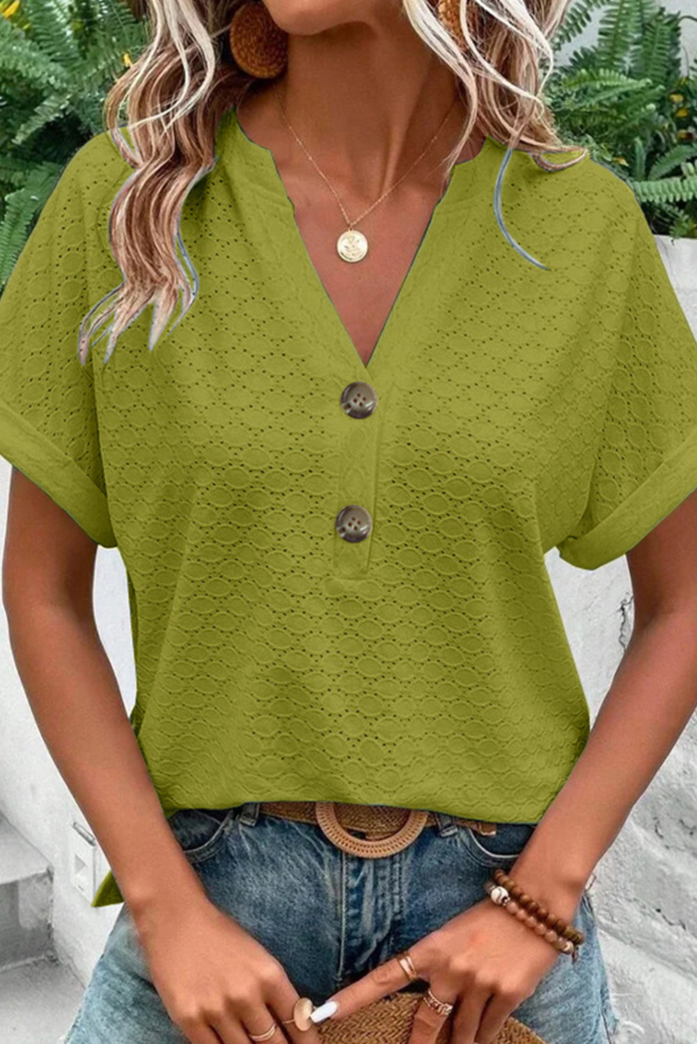 Green Eyelet Button-Accent Notch Neck Top Tops & Tees JT's Designer Fashion