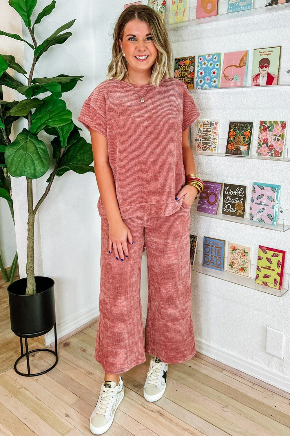 Rose Pink Mineral Wash Corduroy Short Sleeve and Crop Pants Set Bottoms JT's Designer Fashion