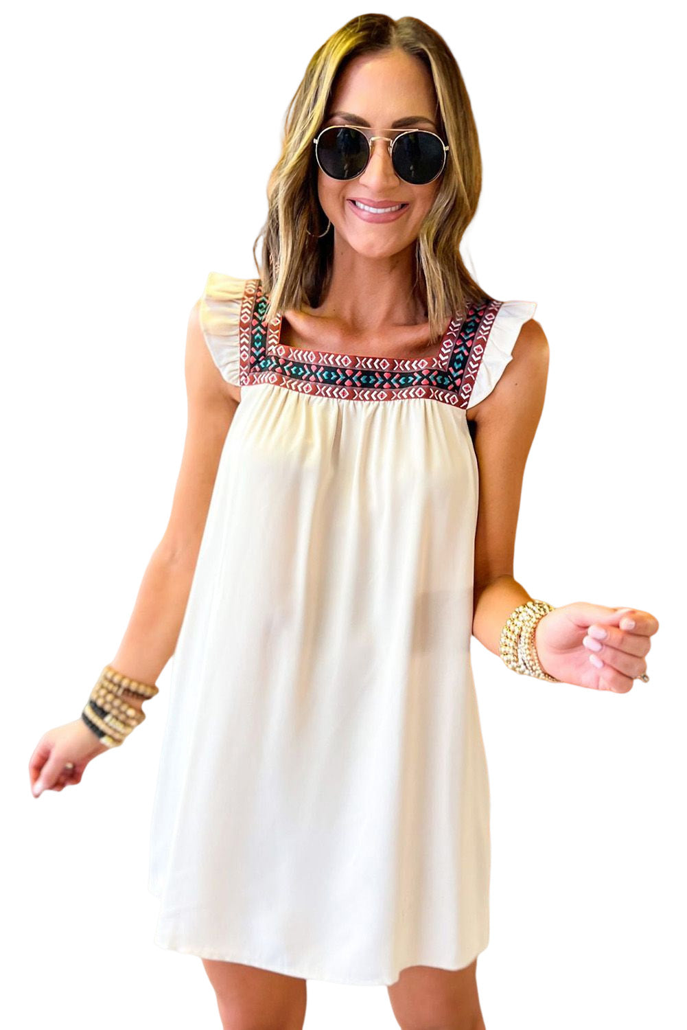 Beige Frill Embroidered Square Neck Shift Dress Mini Dresses JT's Designer Fashion