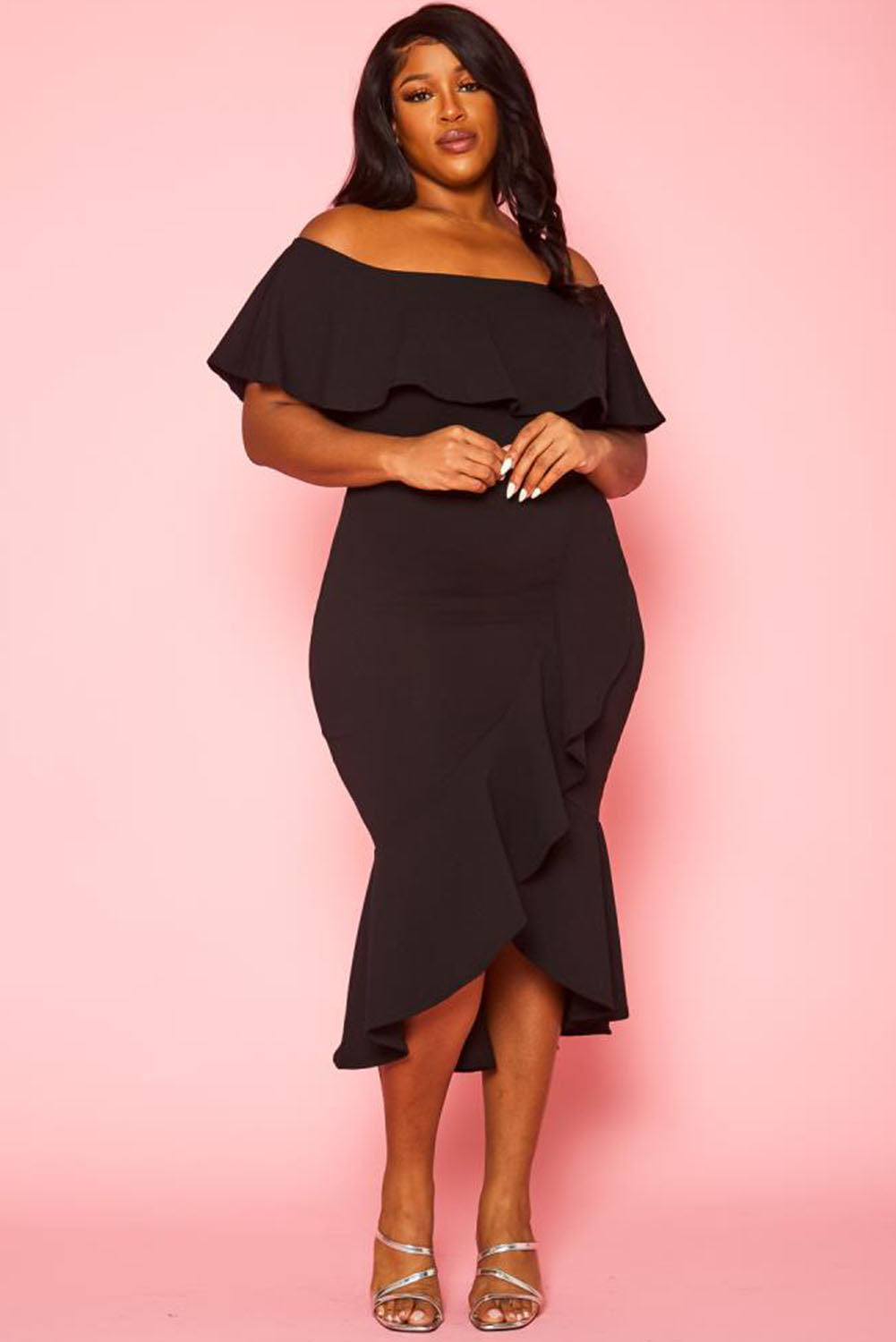 Black Ruffled Off Shoulder High Low Plus Size Dress Plus Size JT's Designer Fashion