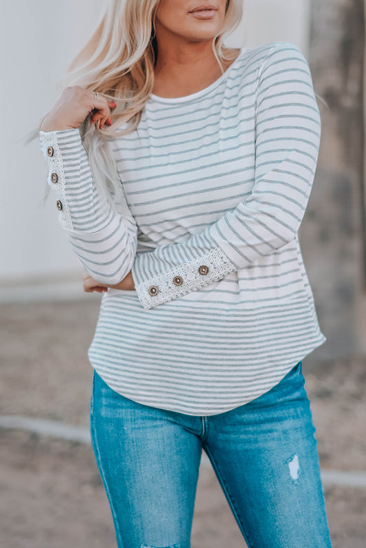 Striped Lace Buttons Splicing Long Sleeve Top White 85%Polyester+15%Cotton Long Sleeve Tops JT's Designer Fashion