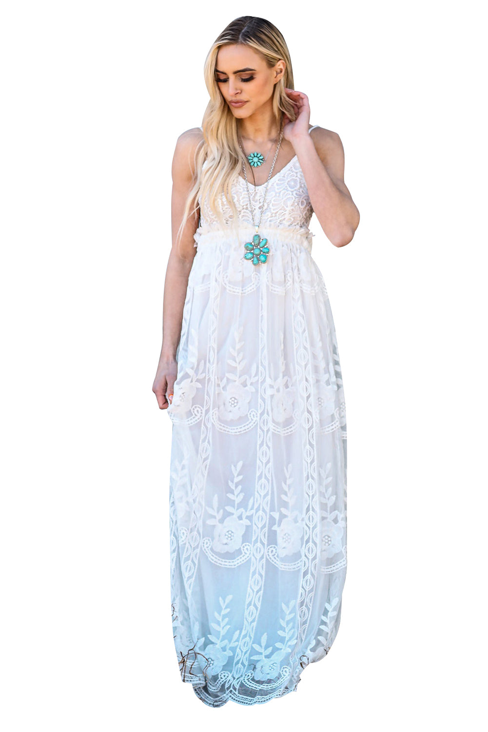 White Contrast Lace Backless Spaghetti Strap Maxi Dress Maxi Dresses JT's Designer Fashion