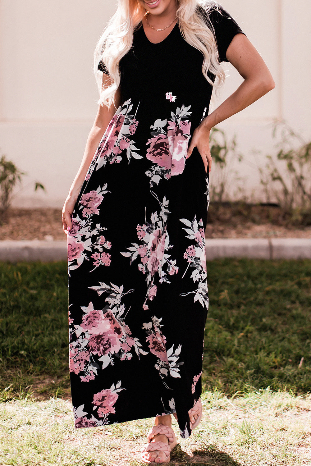 Black Contrast Floral Empire Waist Maxi Dress Maxi Dresses JT's Designer Fashion