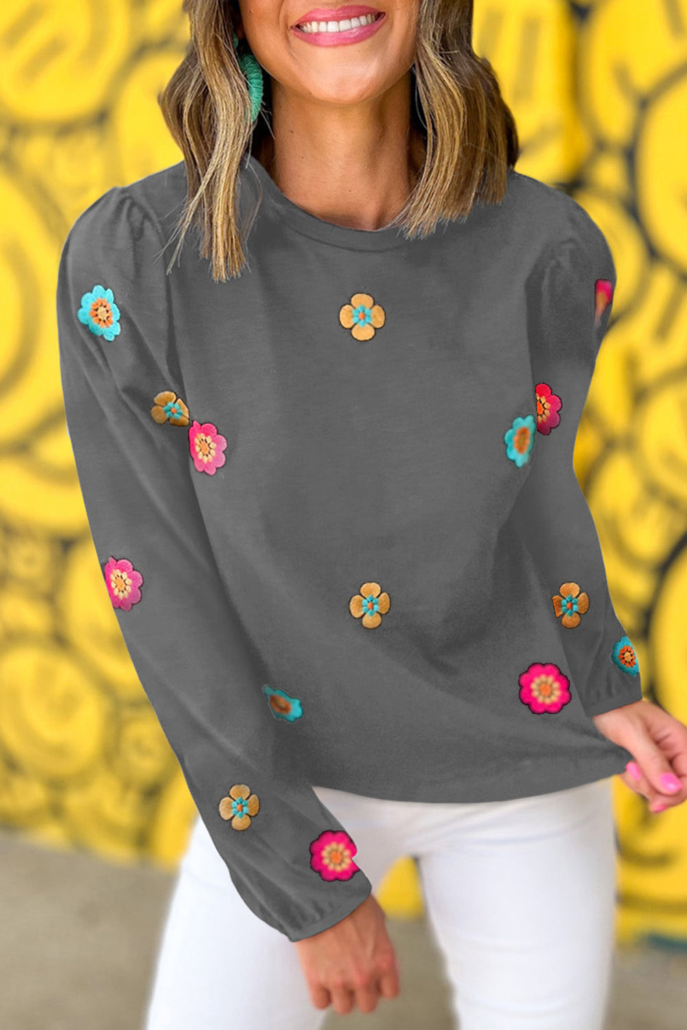 Medium Grey Floral Embroidered Puff Sleeve Blouse Tops & Tees JT's Designer Fashion