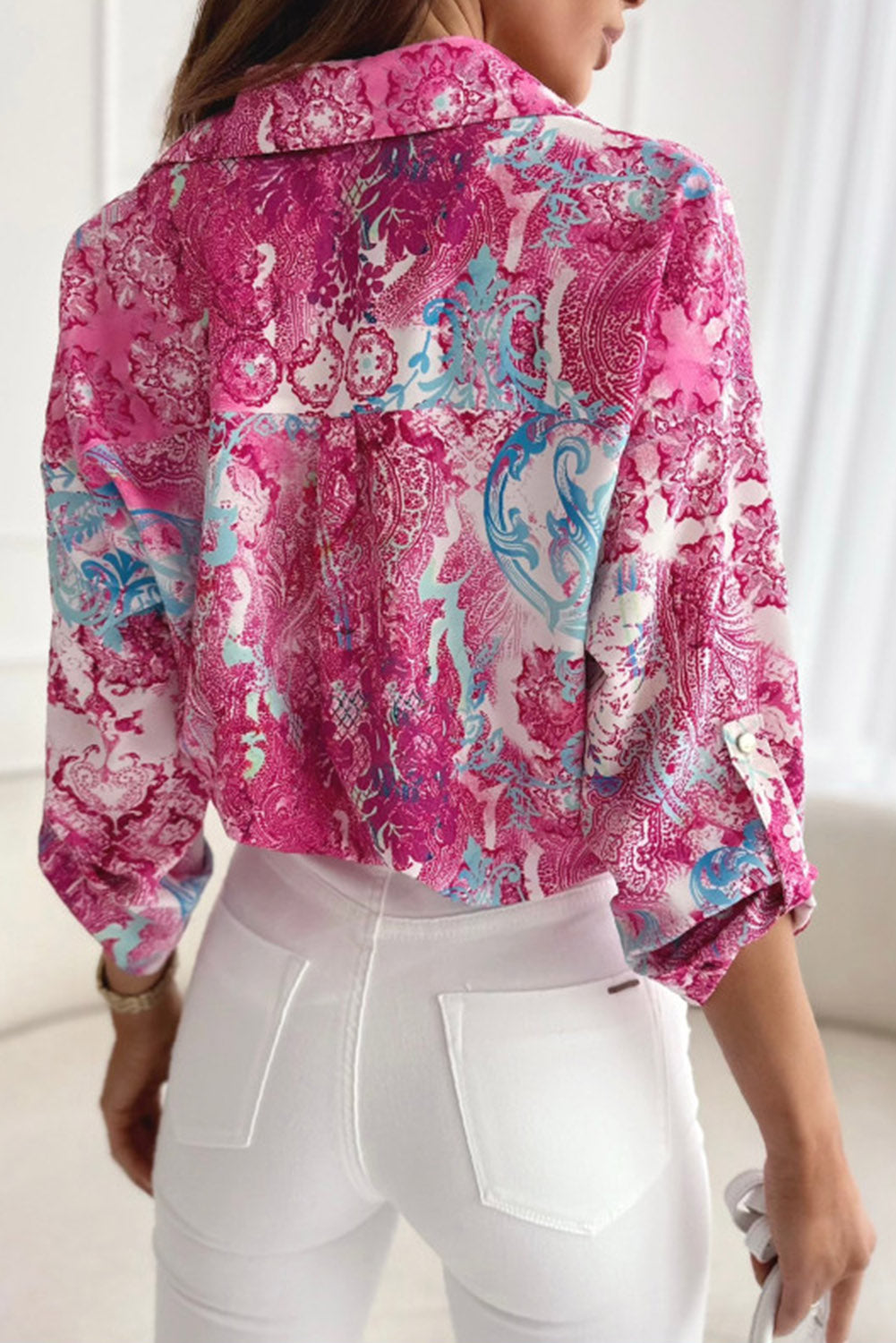 Rose Baroque Floral Roll-tab Sleeve Shirt Tops & Tees JT's Designer Fashion