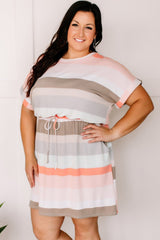 Striped Print Drawstring Short Sleeve Plus Size Dress Plus Size Dresses JT's Designer Fashion