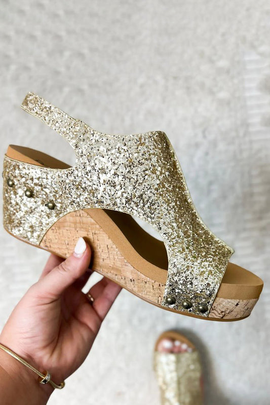 Gold Buckle Hollow Out Sequin Wedge Sandals Sandals JT's Designer Fashion