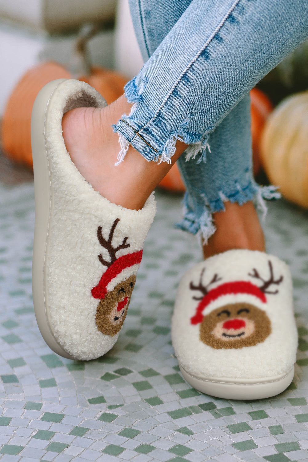 White Christmas Deer Home Indoor Plush Slippers Slippers JT's Designer Fashion