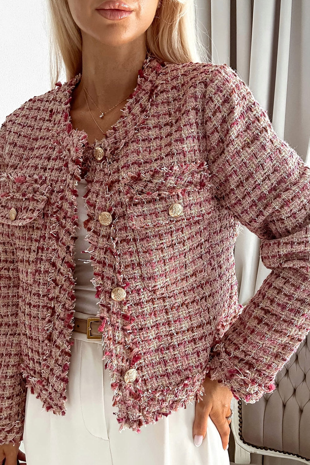 Rose Pink Metal Buckle Tweed Jacket Outerwear JT's Designer Fashion