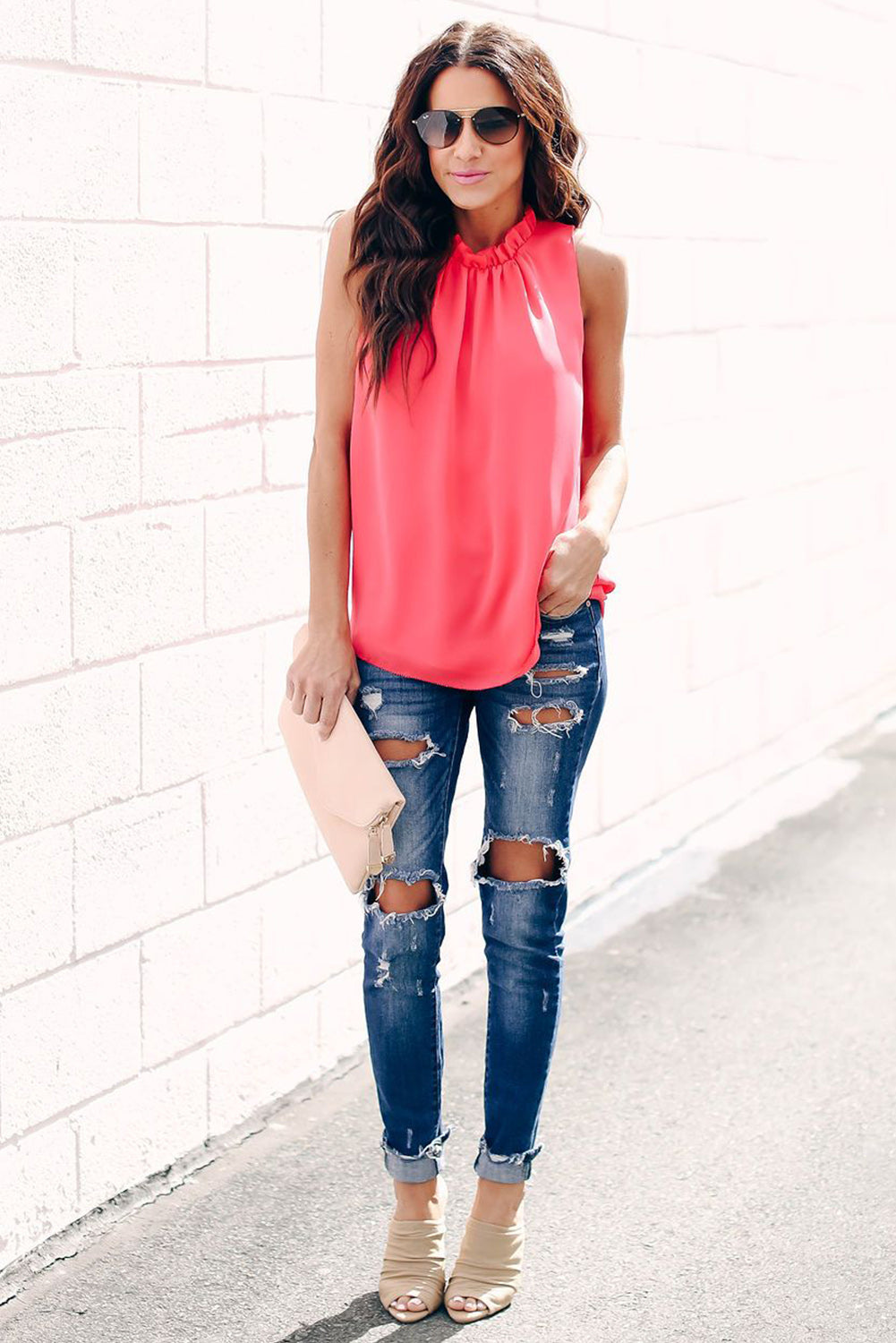 Fiery Red Ruffle Trim Neckline Tank Top Tank Tops JT's Designer Fashion