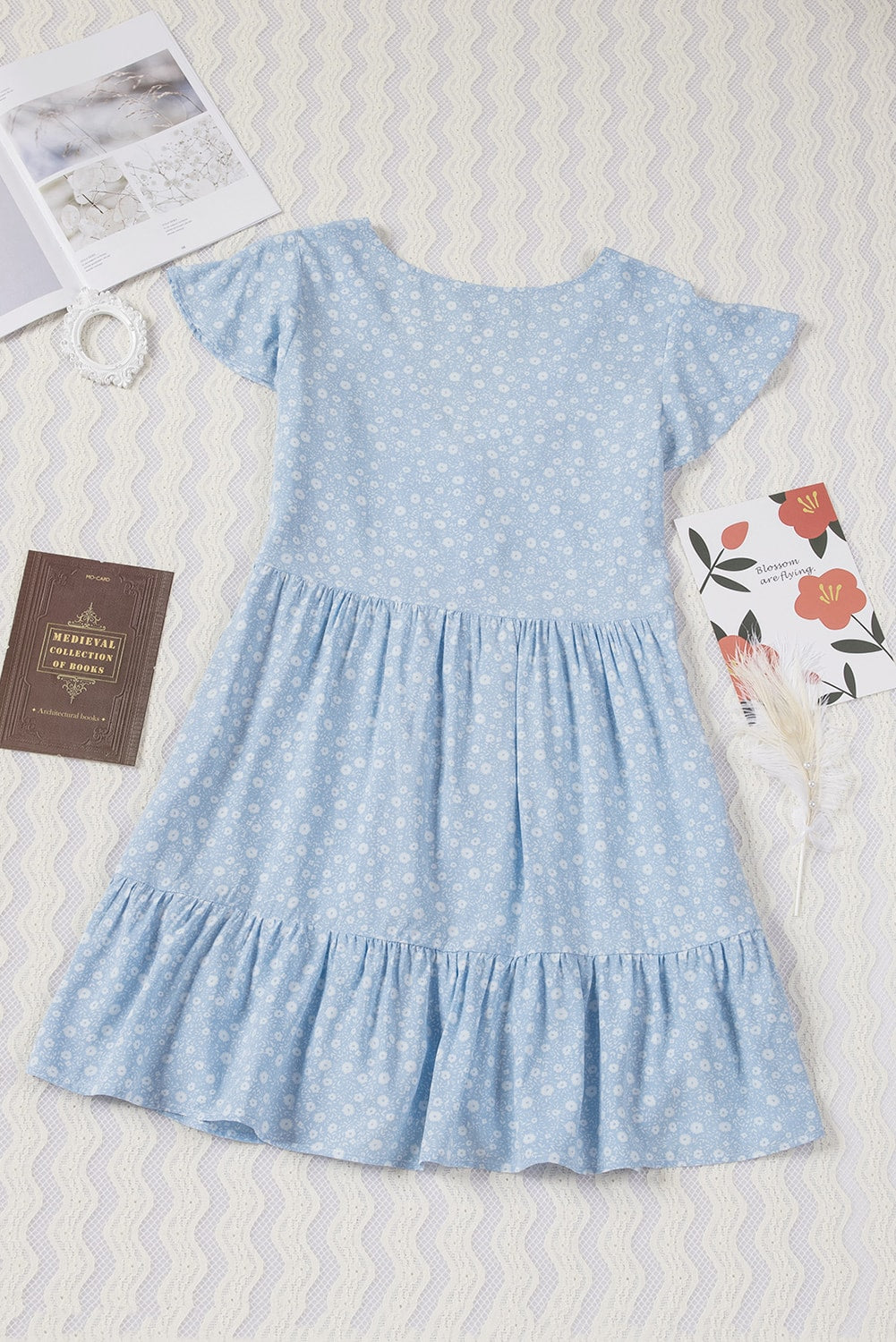 Sky Blue Floral V Neck Buttoned Babydoll Dress with Ruffled Hem Mini Dresses JT's Designer Fashion