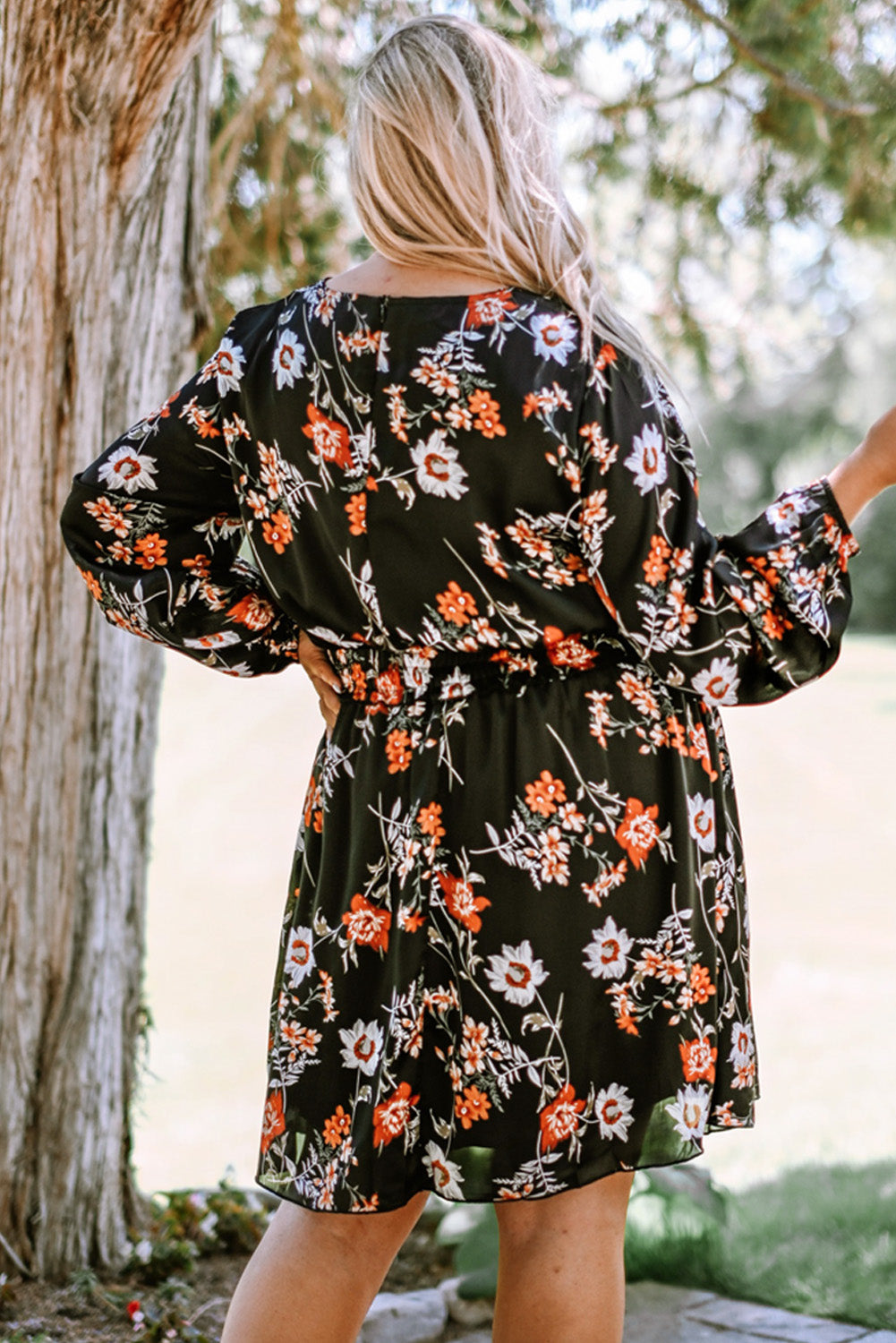 Black Plus Size Drawstring Long Sleeve Floral Dress Plus Size Dresses JT's Designer Fashion