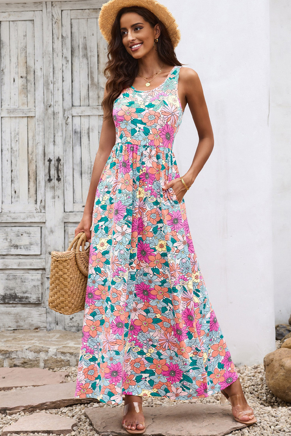 Multicolor Floral Print High Waist Sleeveless Maxi Dress Floral Dresses JT's Designer Fashion