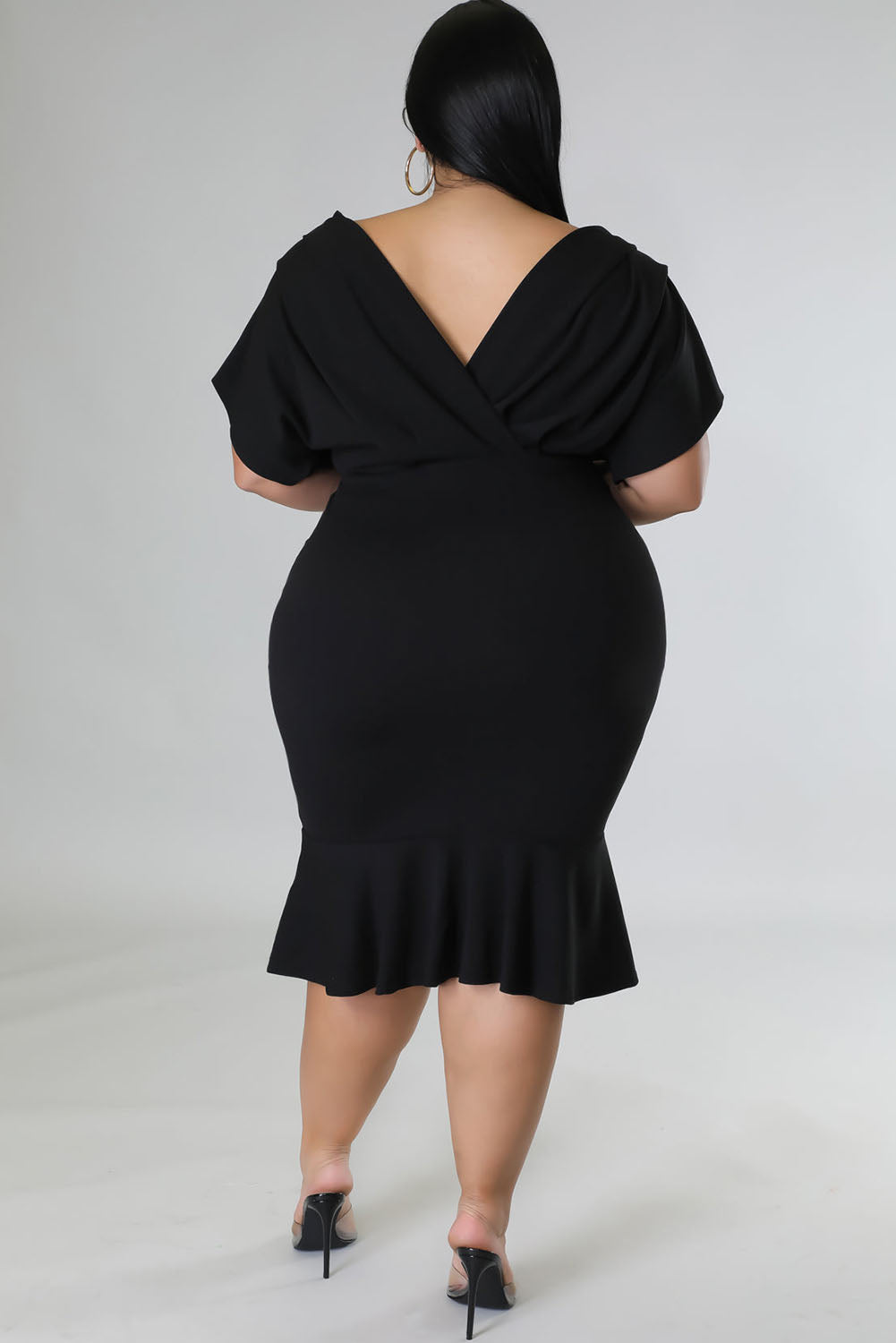 Black Plus Size Pleated V Neck Ruffle Hem Bodycon Dress Plus Size Dresses JT's Designer Fashion