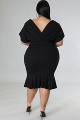 Black Plus Size Pleated V Neck Ruffle Hem Bodycon Dress Plus Size Dresses JT's Designer Fashion