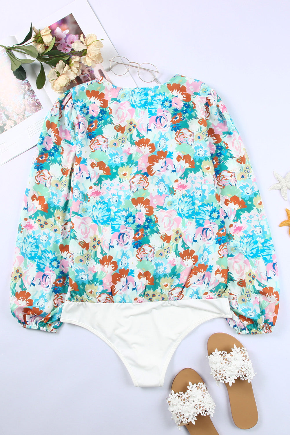 Sky Blue Floral Print Wrap Long Sleeve Bodysuit Bodysuits JT's Designer Fashion