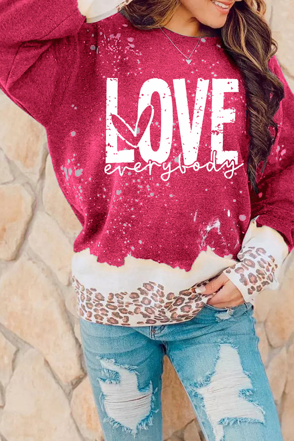 Red LOVE everyday Bleached Leopard Print Sweatshirt Red 95%Polyester+5%Elastane Graphic Sweatshirts JT's Designer Fashion