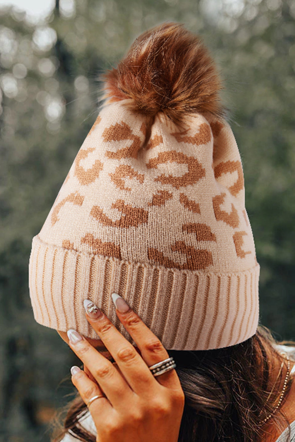 Light French Beige Leopard Knit Curled Hem Pompom Beanie Hat Hats & Caps JT's Designer Fashion