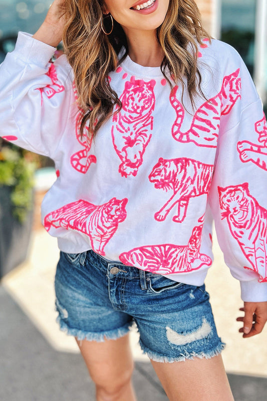 Bright White Pink Tigers Pullover Sweatshirt Pre Order Sweatshirts & Hoodies JT's Designer Fashion