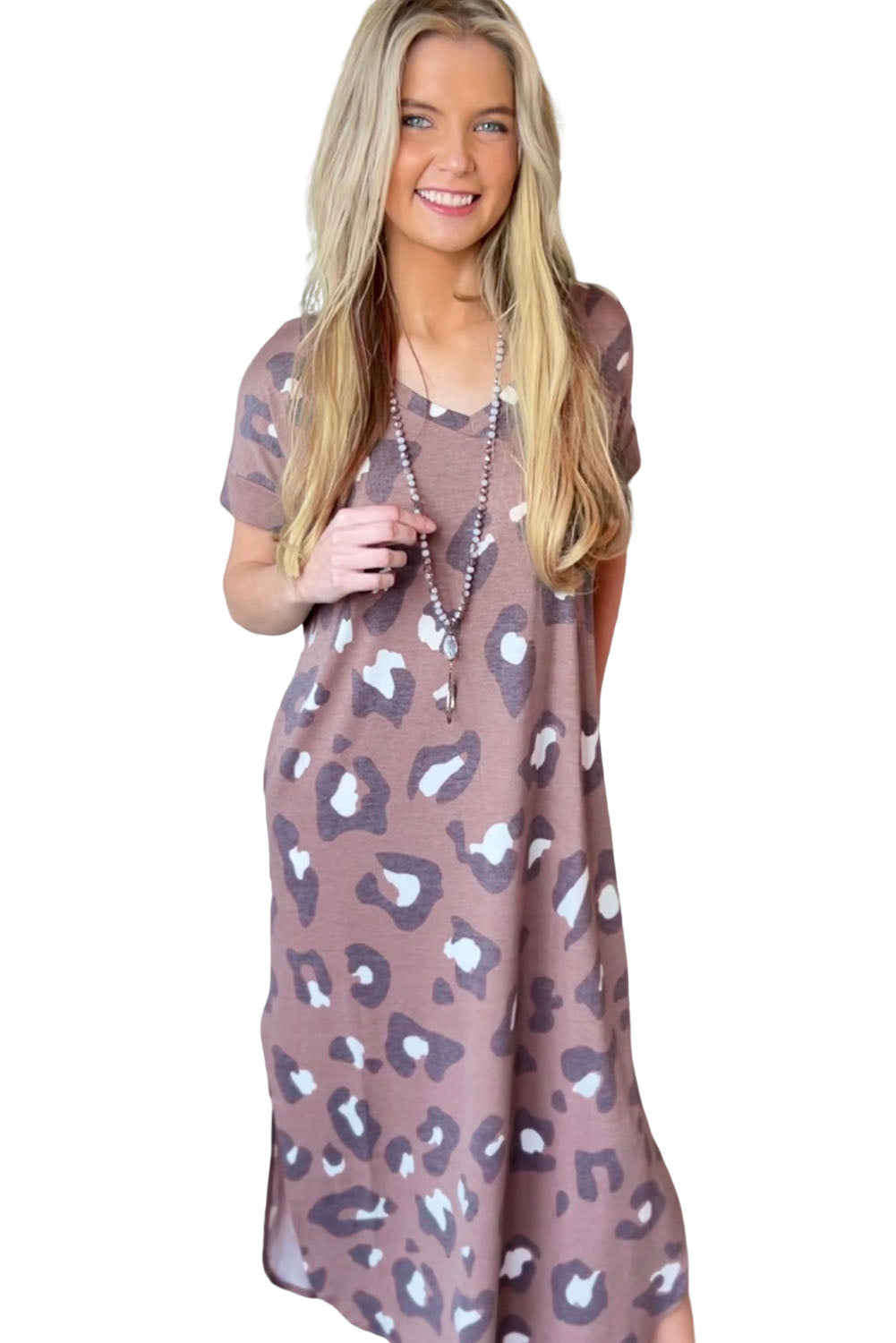 Leopard Print V Neck Long T-shirt Dress T Shirt Dresses JT's Designer Fashion