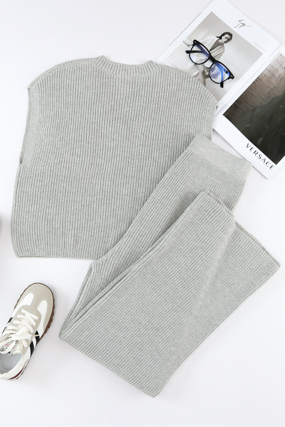 Gray Knitted V Neck Sweater and Casual Pants Set Bottoms JT's Designer Fashion