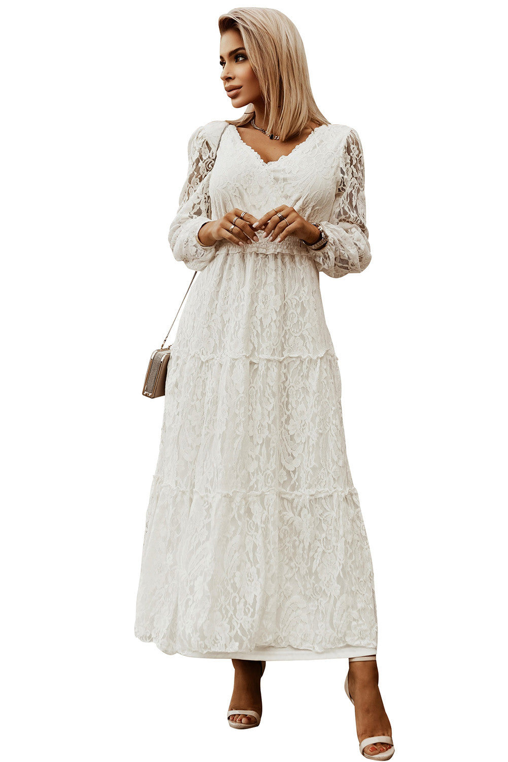 White Bubble Sleeve Tiered Lace Wedding Party Dress Maxi Dresses JT's Designer Fashion