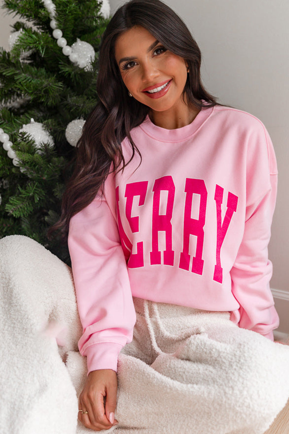 Pink MERRY Alphabet Print Loose Fit Christmas Sweatshirt Graphic Sweatshirts JT's Designer Fashion