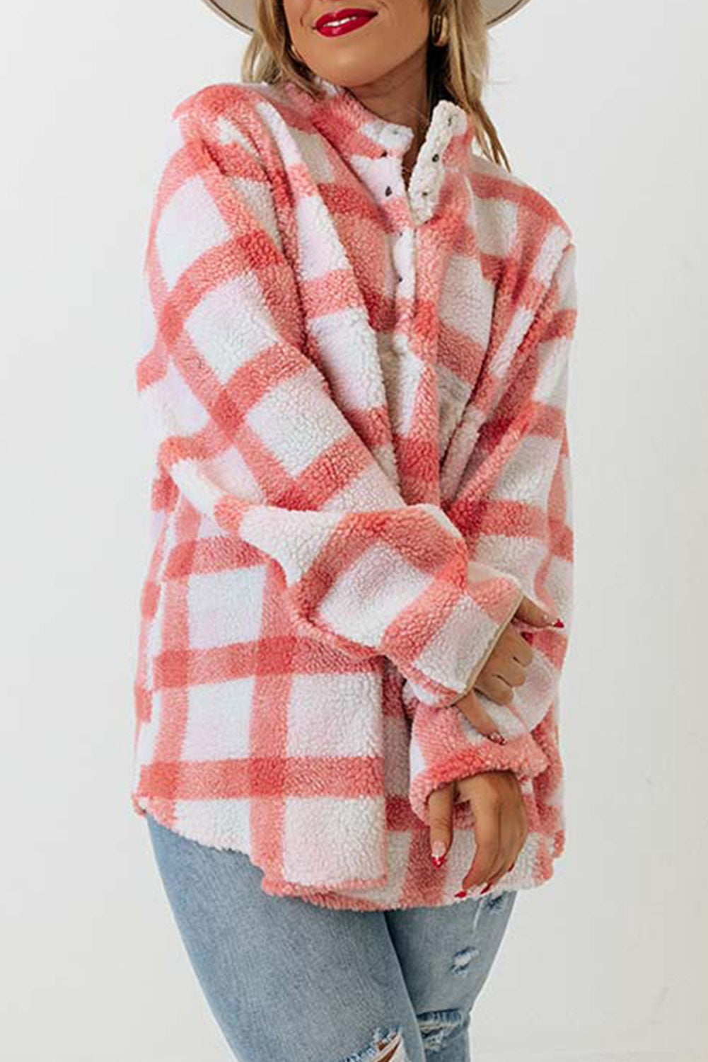 Pink Plus Size Tunic Plaid Sherpa Henley Sweatshirt Plus Size JT's Designer Fashion