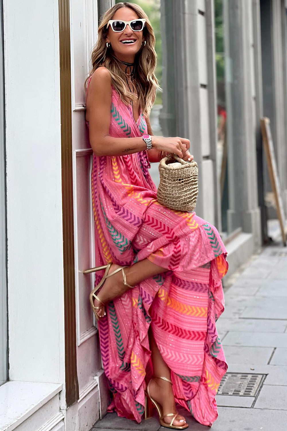 Pink Western Printed Tassel Tie Sexy V Neck Maxi Dress Pre Order Dresses JT's Designer Fashion