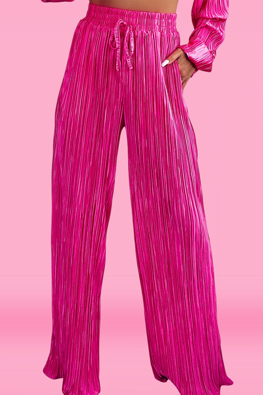 Rose Pleated Long Sleeve Shirt and Wide-Leg Pants Set Bottoms JT's Designer Fashion