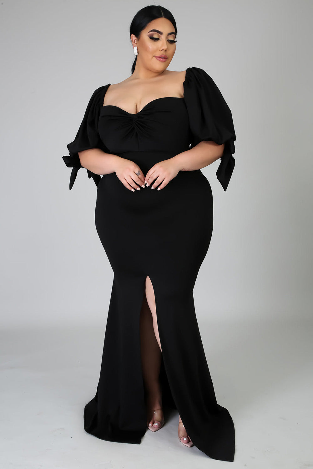 Black Bow Tie Puff Sleeve Plus Size High Slit Maxi Dress Plus Size Dresses JT's Designer Fashion