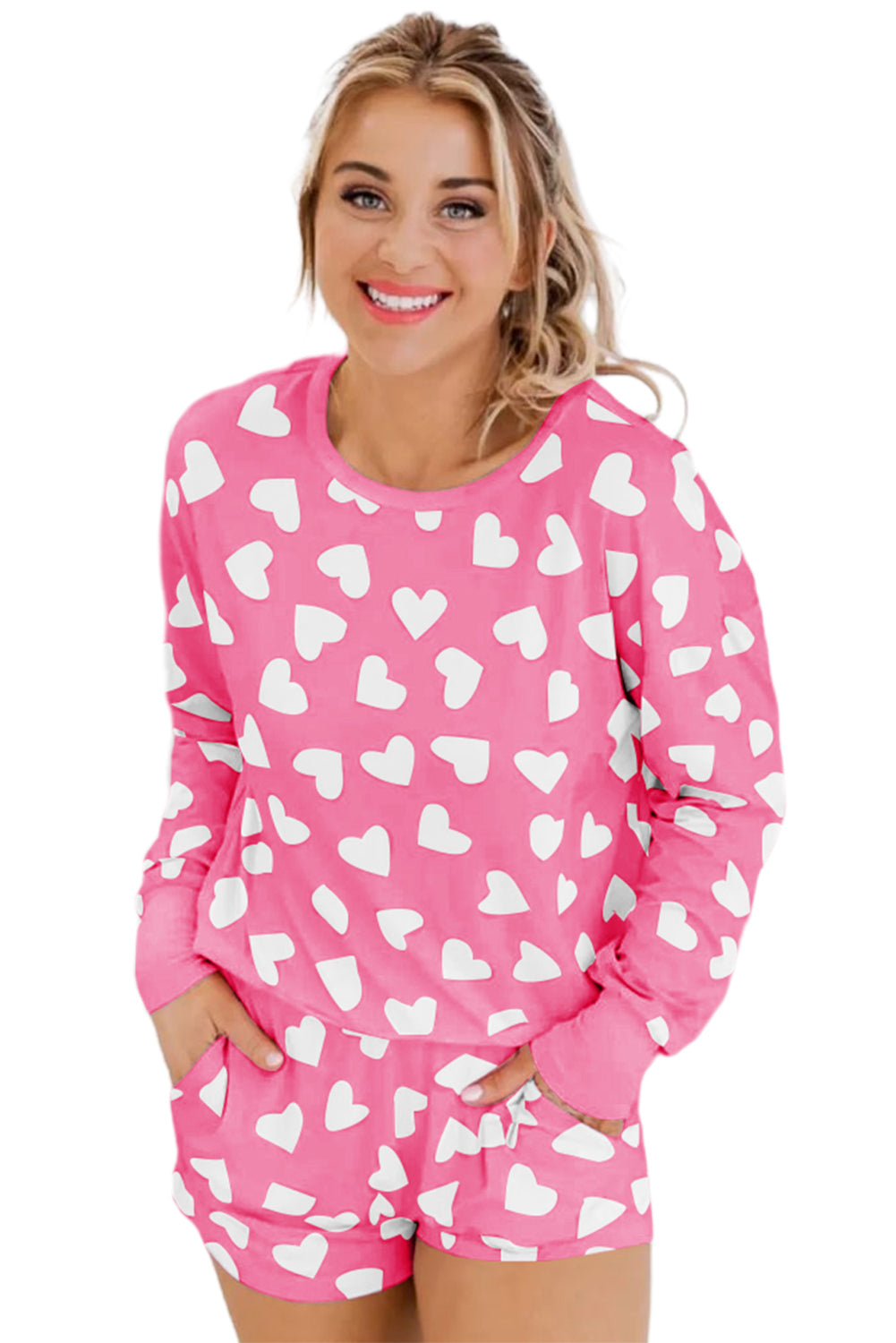 Pink Heart Shape Print Long Sleeve Top Shorts Lounge Set Loungewear JT's Designer Fashion