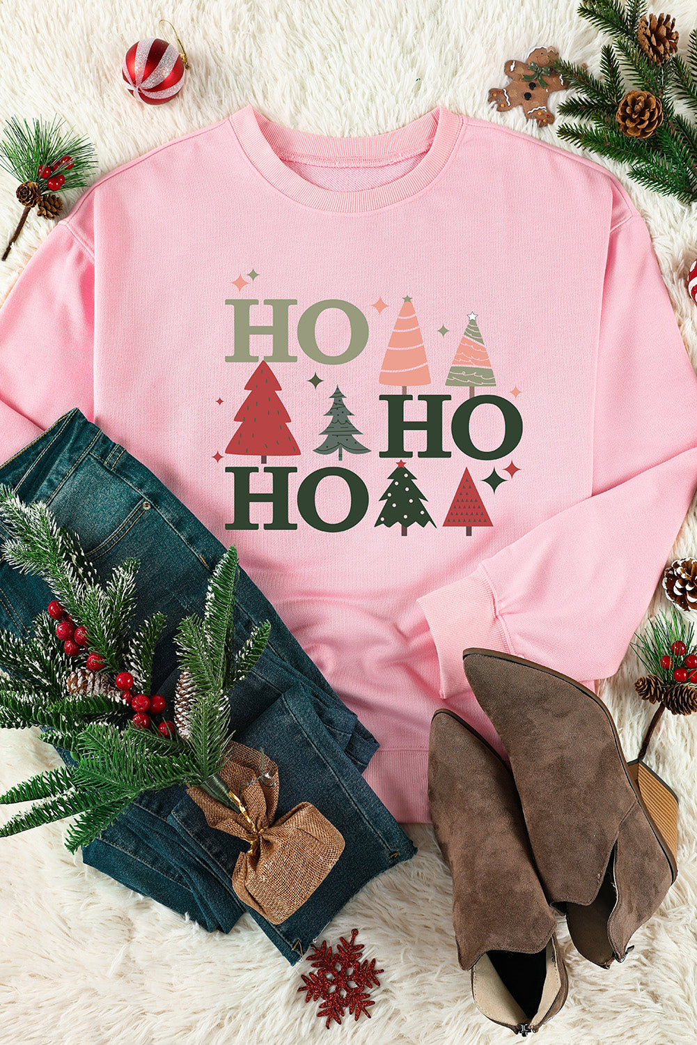 Pink Christmas Tree HO Graphic Pullover Sweatshirt Graphic Sweatshirts JT's Designer Fashion