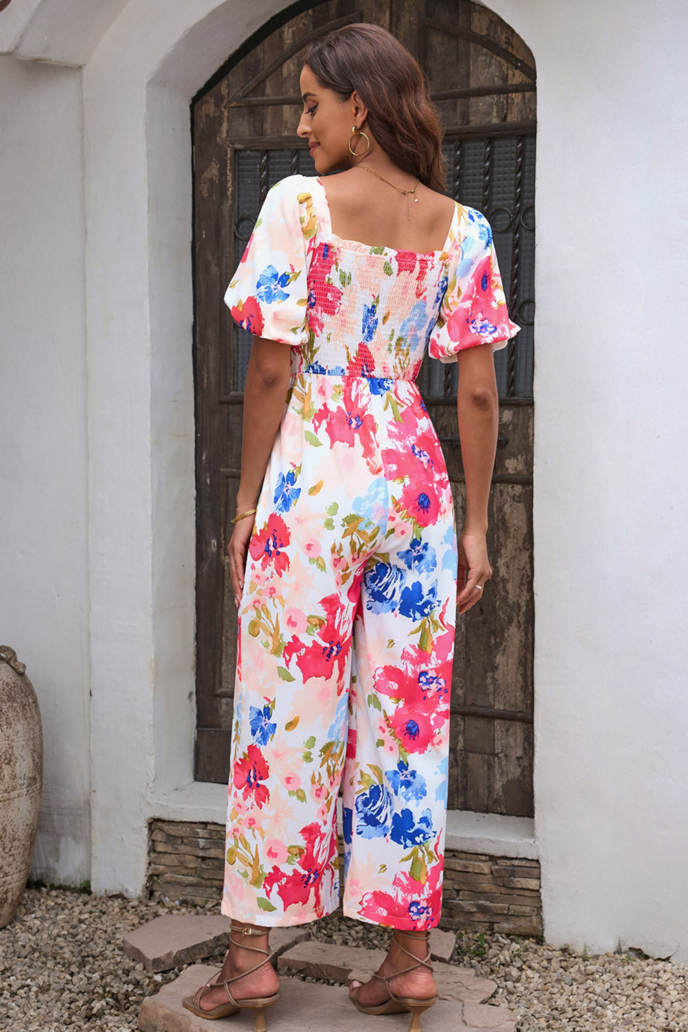 Multicolor Floral Print Smocked Puff Sleeve Jumpsuit Jumpsuits & Rompers JT's Designer Fashion