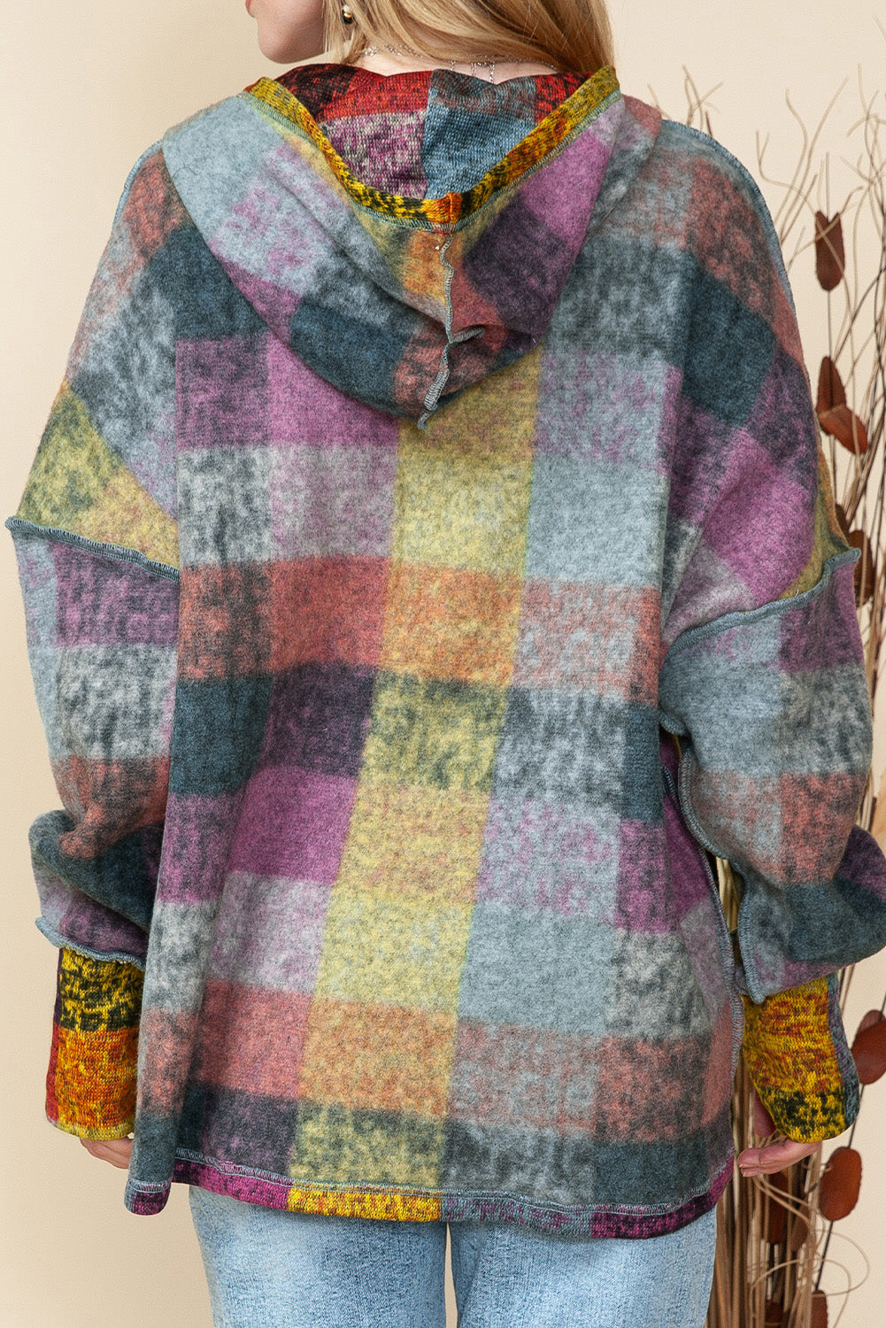 Multicolor Exposed Seam Detail Plus Size Brushed Henley Hoodie Plus Size JT's Designer Fashion