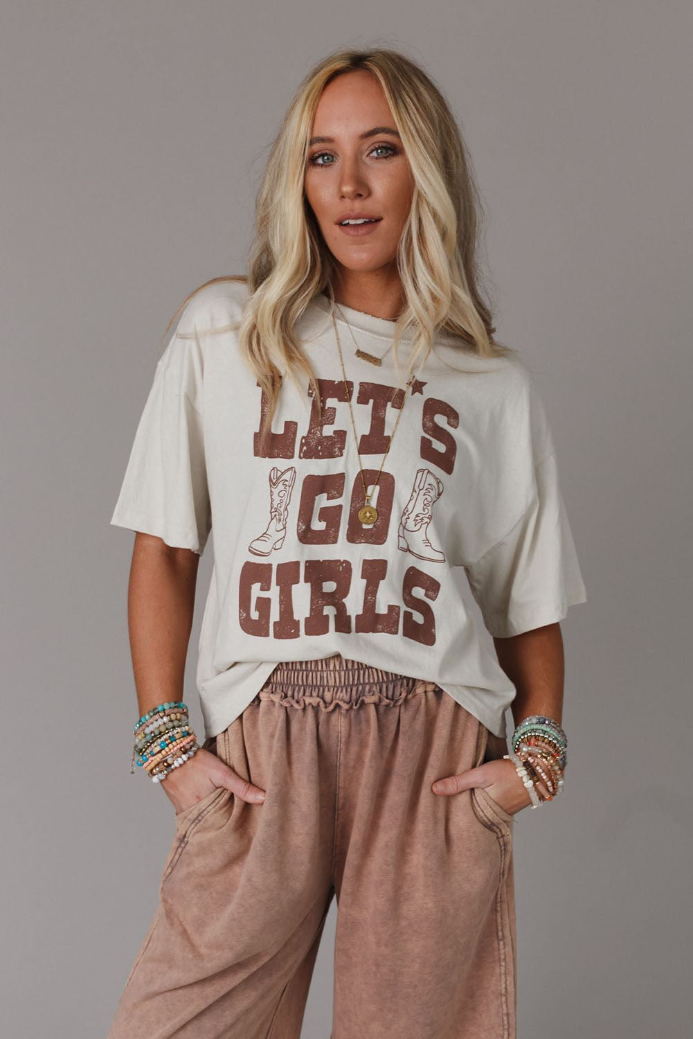 White LETS GO GIRLS Western Boots Graphic Tee Tops & Tees JT's Designer Fashion