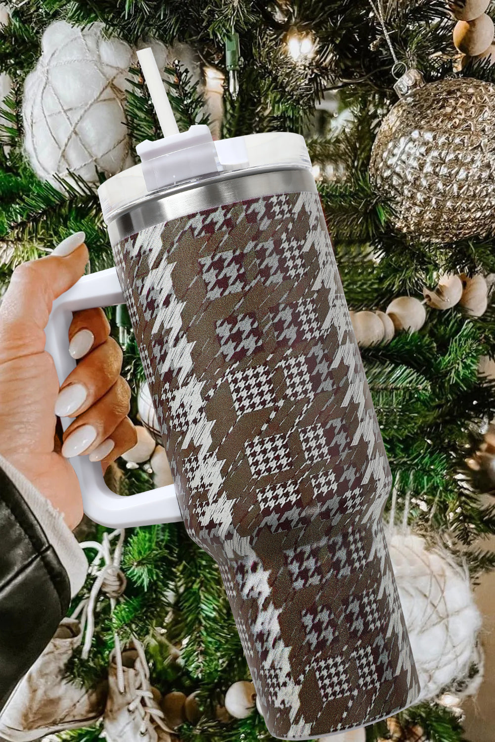 Camel Houndstooth Pattern Stainless Steel Tumbler 40oz Tumblers JT's Designer Fashion