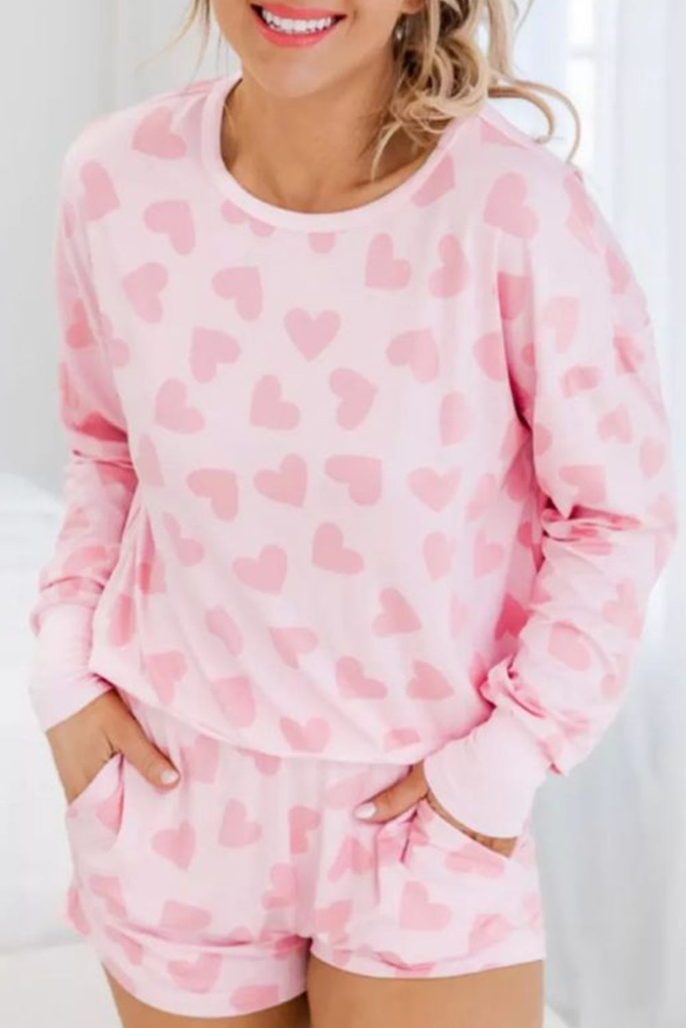 Pink Heart Shape Print Long Sleeve Top Shorts Lounge Set Loungewear JT's Designer Fashion