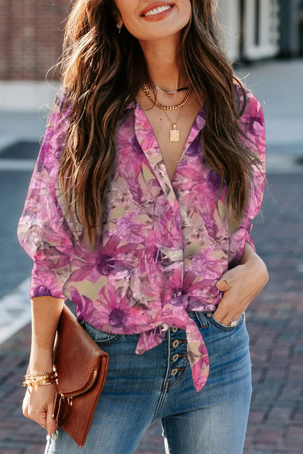 Purple Turn-down Neck Floral Print Tops & Tees JT's Designer Fashion