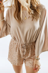 Khaki Sequin Patchwork Drawstring High Waist Romper Jumpsuits & Rompers JT's Designer Fashion