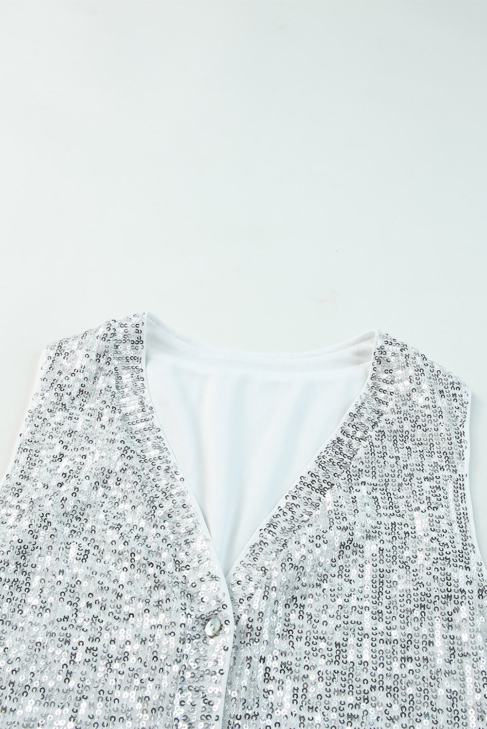 Silver Sequin Button V Neck Tank Top Tank Tops JT's Designer Fashion