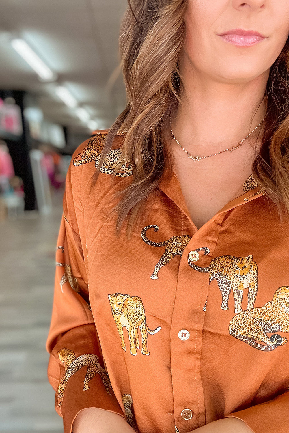 Russet Orange Cheetah Animal Print Button Up Satin Shirt Tops & Tees JT's Designer Fashion